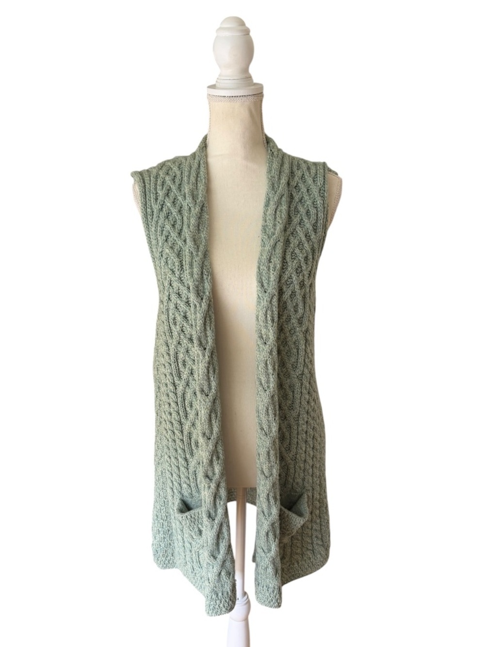 Kilronan Knitwear Merino Wool Cable Knit Vest M Mint Green Made Ireland